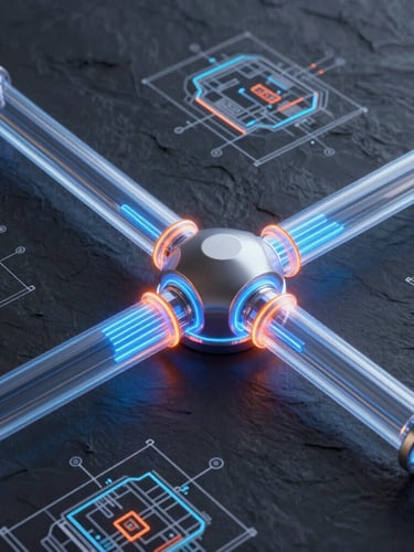 Futuristic 3D render of a glowing digital pipeline connecting architectural blueprints with neon data streams, dark slate background, octane render.
