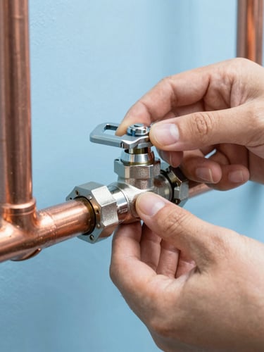 Close-up of hands adjusting a metallic valve on clean copper pipes, bright utility lighting, sharp focus on the connection