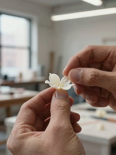 Macro close-up of artisan hands carefully carving and sculpting delicate wax petals in a modern, sunlit Brooklyn loft studio.