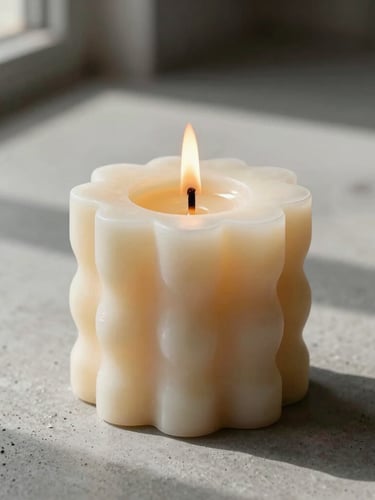 Macro close-up of a sculptural soy candle bouquet burning cleanly on a raw concrete surface, soft afternoon shadows from a loft window.