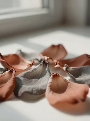 A macro close-up of delicate wax petals being hand-dyed in muted terracotta and warm greige tones, soft afternoon loft window light casting long shadows, minimalist composition.