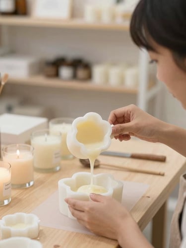 Baker pouring cream filling into a flower-shaped pastry mold on a floured surface for baking.