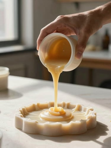 Hands pouring warm soy wax into a botanical mold in a clean, sunlit Brooklyn loft studio.