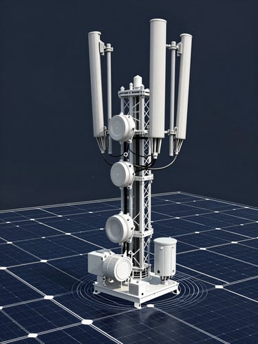 Technical blueprint schematic of an integrated solar and telecom power system, high-contrast white vector lines on a deep slate background.