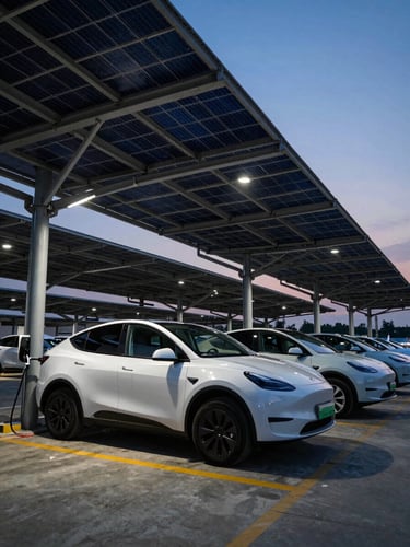 Wide-angle environmental shot of a heavy-duty electric vehicle fleet charging under a massive industrial solar canopy at dusk, dramatic high-contrast lighting
