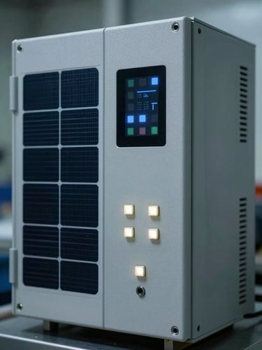 A close-up of high-voltage industrial solar inverters with clean LED indicator lights, shot in high-contrast cool tones.