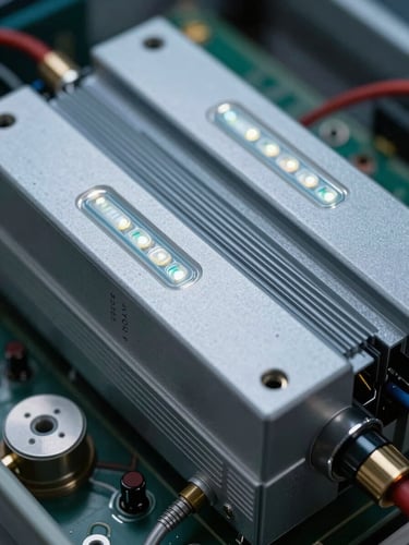 Extreme close-up of heavy-duty high-voltage inverter circuitry under cool-toned industrial LED lighting, showing metallic components and precise engineering details