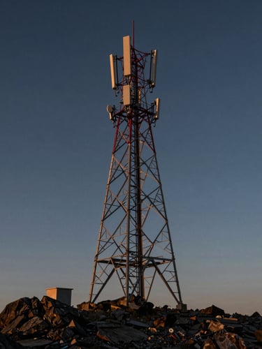 Wide-angle view of a rugged telecom tower on a remote rocky ridge at dusk, high-contrast dramatic natural light, sharp steel lattice structure against deep twilight sky.
