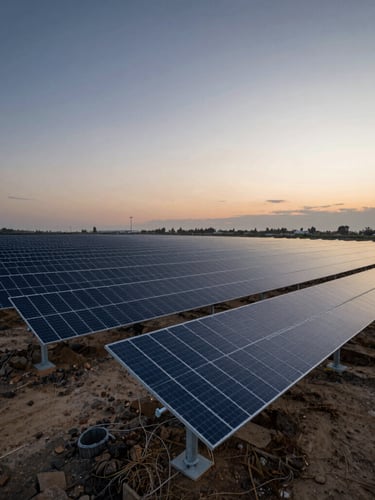 Wide-angle environmental shot of massive off-grid solar arrays integrated into a rugged industrial landscape during a dramatic dusk transition, high-contrast natural light, geometric precision.