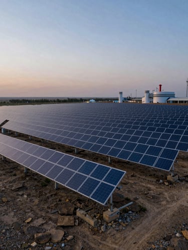 A wide-angle environmental shot of a massive off-grid solar array integrated into a rugged industrial landscape at dusk.