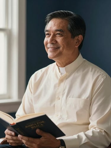 A warm, natural-light portrait of pastor James Paul Baccay in a modern study, holding a book, smiling thoughtfully, rich navy background, soft window light.