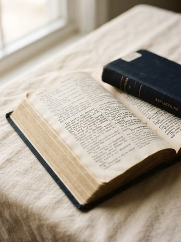 A close-up photograph of an open devotional book resting on a warm cream linen tablecloth, soft natural window light casting gentle shadows across the elegant serif typography.