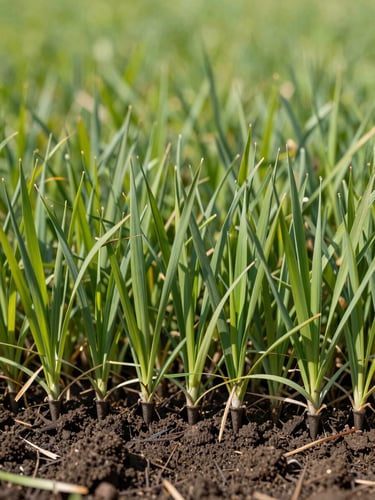 Close-up environmental shot, lush dense turf blades in sharp focus under bright midday sunlight, aeration tines pressed into dark healthy soil visible at lower edge, wide shallow depth of field, no equipment operator visible, just grass and soil texture