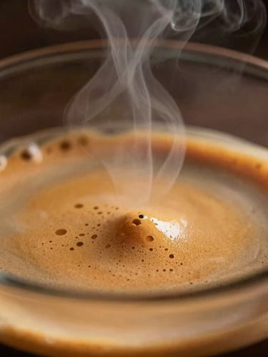 Extreme close-up of steam rising from freshly pulled espresso, warm dramatic side lighting, rich gold crema, shallow depth of field, 35mm lens