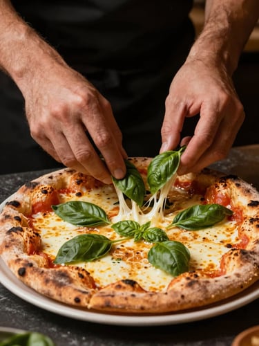 Close-up shot of a chef's hands placing fresh basil on a hot stone-baked pizza, cheese pull visible, warm low-key side lighting, rich saturated tones