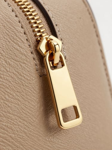 Extreme close-up of a custom gold-brushed metal zipper pull on a structured leather handbag, clean studio lighting, warm sand tones, sharp focus on metal textures.