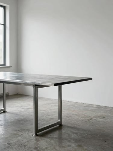 Wide environmental shot, right-bleed composition — a steel dining table in a calm north-lit room, concrete floor, white walls, the table's welded base and flat top occupying the left two-thirds of the frame, generous empty wall behind, cool daylight from an off-frame window casting a clean shadow under the base