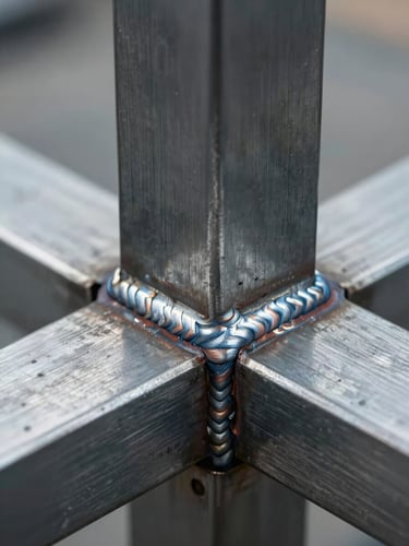 Close-up detail of steel table joint and welded seam, cool studio lighting revealing the precision of the weld bead, the joinery sharp and visible, steel surface catching light without reflection, shallow depth of field isolating the joint