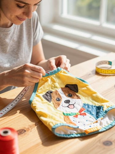 Eye-level portrait of a woman hand-stitching a colorful dog shirt on a wooden table, warm sunlight streaming through a window, measuring tape and colorful threads visible