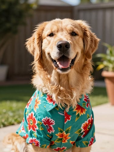 A happy fluffy golden retriever wearing a colorful custom-made teal Mexican floral shirt, sitting proudly in bright warm backyard sunlight, eye-level portrait, 35mm lens
