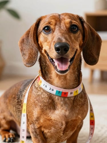 A close-up of a happy dachshund sitting calmly while a colorful fabric measuring tape gently measures its chest, bright natural daylight, cheerful cozy home setting.