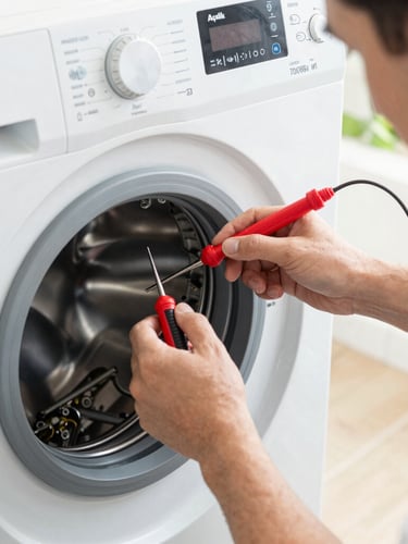 Close-up editorial photo of a certified technician's hands carefully repairing an Arçelik washing machine motor with diagnostic tools, bright natural indoor lighting