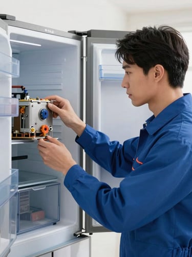 A professional technician wearing a clean blue uniform inspecting the internal components of a modern refrigerator, bright natural indoor lighting, authentic color palette, 50mm lens.