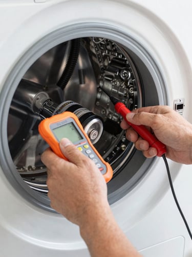 Close-up of a professional technician's hands repairing an Arçelik washing machine motor with diagnostic tools, bright daylight, authentic color palette, 50mm lens.