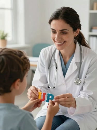 A close-up of a female speech therapist warmly smiling, guiding an Egyptian child who is holding colorful letters, bright natural morning light, clean modern classroom background