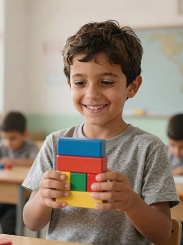 A young child in Helwan, Egypt, smiling while holding colorful wooden blocks, bright natural morning light, clean educational classroom background, portrait aspect.