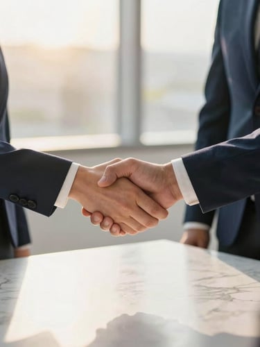 Hands of two professional business partners shaking hands warmly over a marble table, soft golden hour sunlight filtering through window, professional corporate setting, shallow depth of field, 35mm