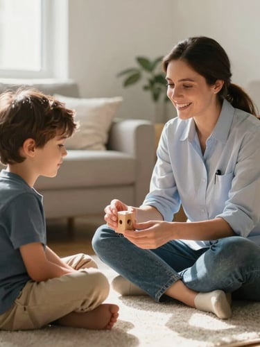 A warm, candid eye-level shot of a female therapist sitting on a light-colored living room rug, smiling as she holds a wooden toy block with a young boy, soft natural light streaming from a side window.