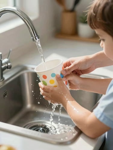 A therapist gently guiding a child's hands to wash a colorful cup at a bright, sunlit kitchen sink, close-up candid shot
