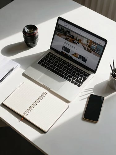 Overhead flat-lay of a clean desk workspace — single open laptop showing a website dashboard, one notebook, minimal objects, north-facing daylight, sharp shadows, organized and precise