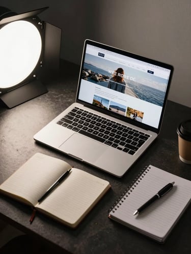 Wide-angle overhead flat-lay of a clean dark desk with a laptop showing a website interface, a notebook and pen beside it, soft studio light from the left, minimal and organized