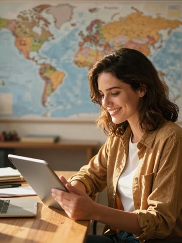 A travel expert, a woman with a warm smile, reviewing travel itineraries on a tablet, sitting in a cozy, sunlit office, a world map subtly blurred in the background. Warm editorial travel photography, golden hour natural light, rich saturated tones, wide-angle lens, professional color grading, 35mm.