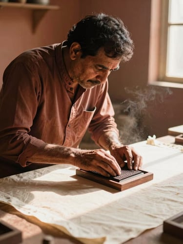 A master artisan in a sunlit Jaipur workshop carefully aligning a wooden printing block on stretched cream cotton fabric, warm morning light, dusty air, 35mm