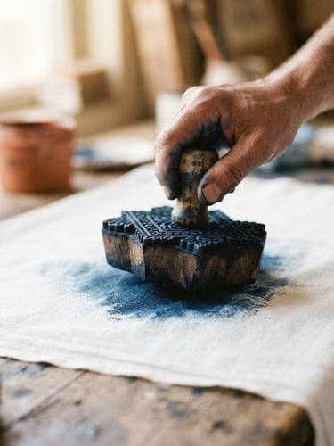 Extreme close-up of a hand-carved wooden block stamping deep indigo dye onto pure white cotton fabric, warm natural morning light, shallow depth of field, 35mm