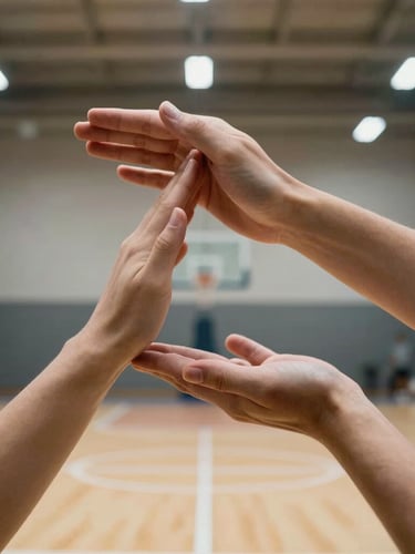 Dynamic low angle of hands forming a perfect passing platform, bright gym lighting, crisp indoor court lines visible in background.