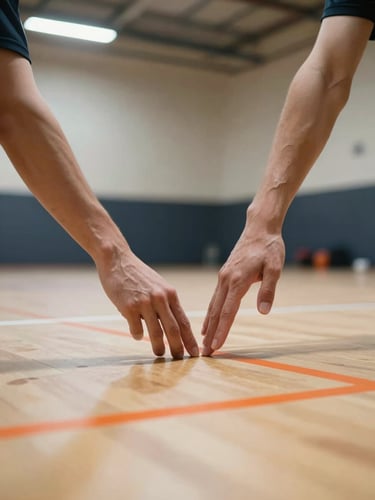Low-angle dynamic shot of hands forming a clean passing platform on an indoor court, bright gym lighting, sharp orange lines.