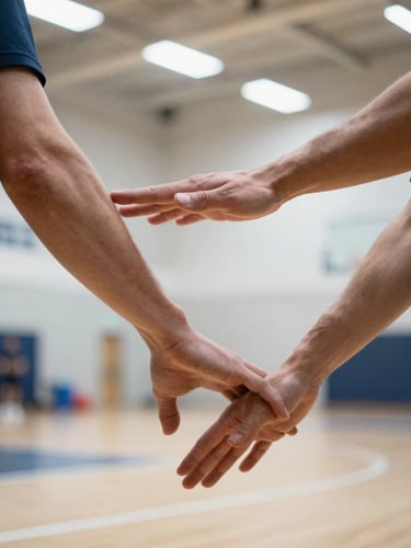 Dynamic low angle close-up of hands forming a perfect passing platform, bright indoor court lighting, crisp focus on the wrists and ball contact