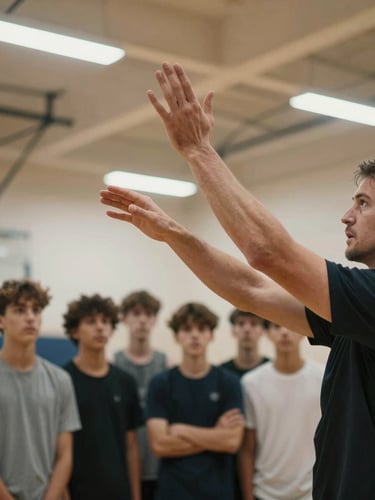 A dynamic low-angle shot of a coach's hands demonstrating a perfect passing platform to a group of attentive young players under bright gym lights.
