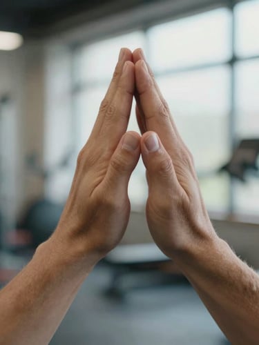 Close-up shot of hands forming a perfect passing platform, elbows locked, under bright natural gym lighting
