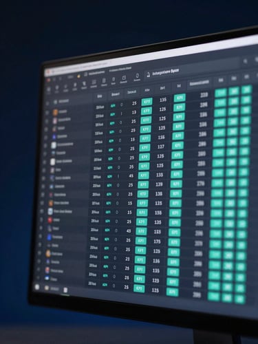Extreme close-up of a dark enterprise software dashboard interface, rows of structured data and teal-highlighted KPI metrics on screen, sharp studio strobe lighting from the left casting hard shadow on the monitor bezel, deep navy background, no people visible