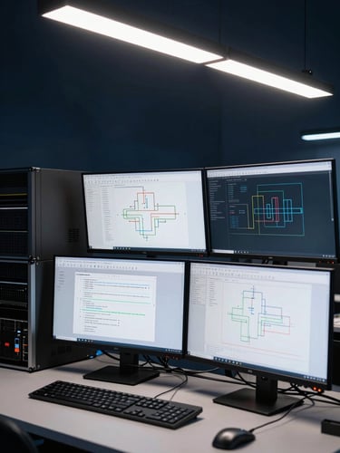 Wide shot of a technical workspace environment — multiple monitors displaying integration logs and system architecture diagrams, sharp overhead task lighting, cables and server hardware visible on one side, deep navy ambient background, no people or faces