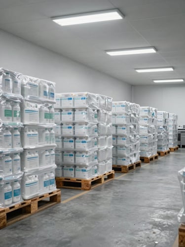 A perfectly level, wide architectural shot of a clean, sterile warehouse interior. Neatly stacked pallets of medical supplies under cool fluorescent lighting, slate grey concrete floor.