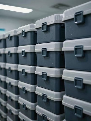 Sharp, perfectly level close-up of neatly organized, sterile medical equipment boxes stacked in a modern warehouse, cool industrial fluorescent lighting, high-contrast slate grey and deep navy tones.