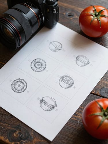 A storyboard sketched on crisp parchment paper lying on a dark wooden table next to a camera lens and a ripe tomato.