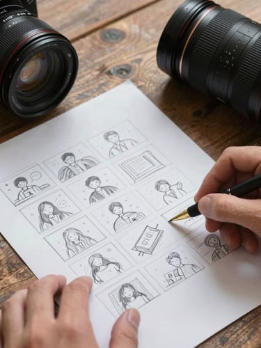 Overhead shot of hands sketching a social media storyboard on crisp parchment paper next to a professional camera lens, rustic wooden table, soft side lighting.