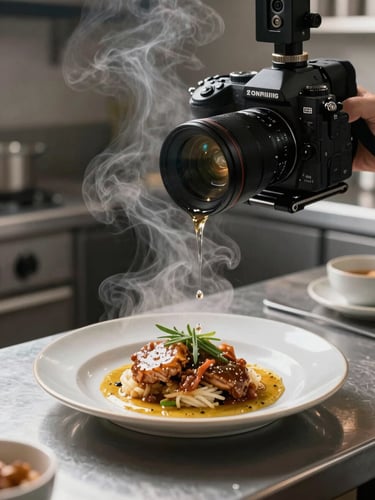 A camera rig capturing steam rising from a freshly plated dish on a stainless steel prep table in a dim kitchen.